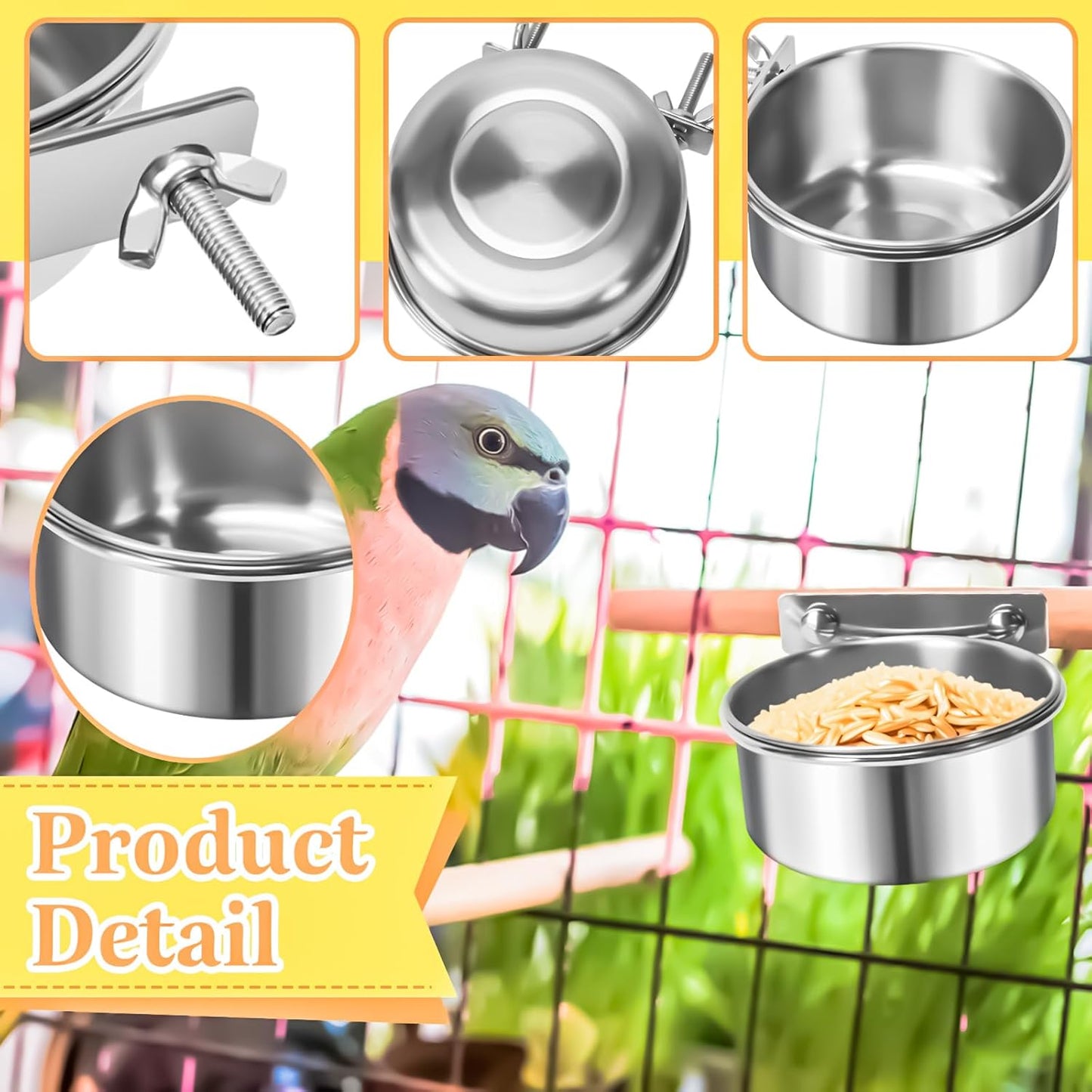 MotBach 3 Pack Bird Feeding Bowls Cups Parrot Food Water Dishes, Stainless Steel Bird Bowl Cup Dish with Clamp, Birdcage Feeder Pet Cage Bowls for Parrot Cockatiel Budgie Conure Parakeet Small Animal