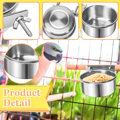 MotBach 3 Pack Bird Feeding Bowls Cups Parrot Food Water Dishes, Stainless Steel Bird Bowl Cup Dish with Clamp, Birdcage Feeder Pet Cage Bowls for Parrot Cockatiel Budgie Conure Parakeet Small Animal