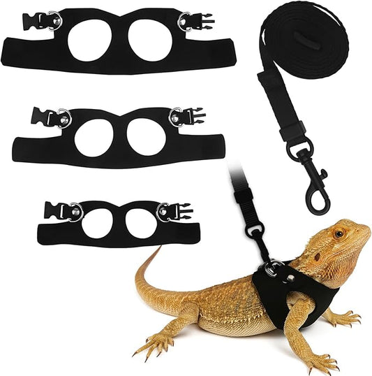 3PCS Bearded Dragon Leash, 3 Size Adjustable Squirrel Bearded Dragon Leash and Harness or Reptile Lizard, Amphibians, Small Animal Walking Vest with Traction Rope (S, M, L)