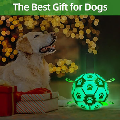 QDAN Glow in The Dark Dog Toys Soccer Ball with Straps - Light Up Dog Balls for Large Dogs, Interactive Dog Toys with Strap for Tug of War,Puppy Birthday Gifts (8 Inch)
