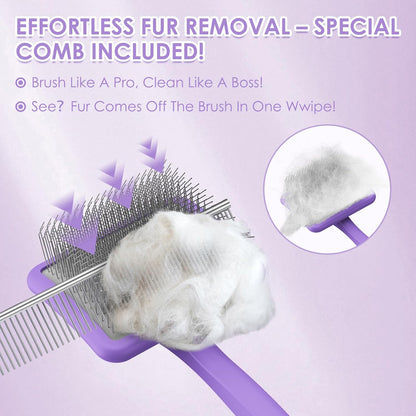 Large Dog Slicker Brush & Comb Set with Leather Sleeves - Long Pin Deshedding Brush for Golden Retrievers, Poodles, Doodles & Thick Coats, Wood Handle Pet Grooming Kit for Dogs, Cats. Purple