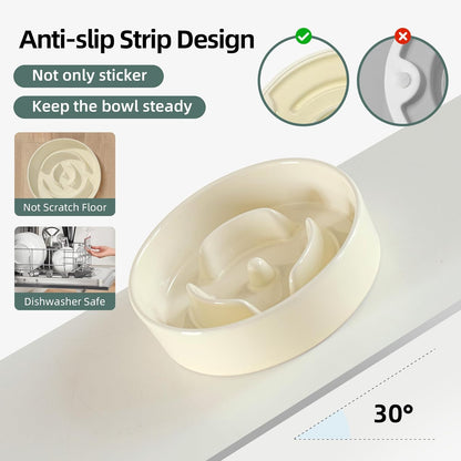 Ceramic 0.9 Cup Raised Dog Slow Feeder Set, Elevated Bowl with Wooden Stand for Small Dog and Cat, 6.1inch Puzzle Slow Dog Food Dish, Anti-Gulping(Beige, Single Bowl+ Stand)