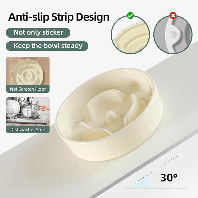 6.1inch Dog Bowl Slow Feeder Ceramic for Small Dog, Pet Slow Feeder, Stop Bloat, Preventing Choking(Single Bowl-Beige)