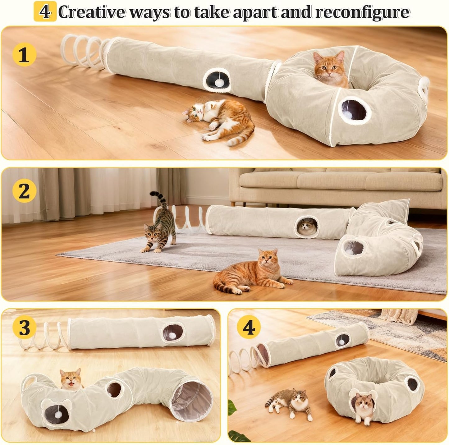 Ownpets 2-in-1 Cat Tunnel Bed, Lollipop Shape Large Cat Tunnel Toy, Plush Foldable Cat Cave Hideout Donut Tunnel for Kitten Rabbit Ferret, Beige