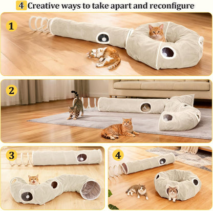 Ownpets 2-in-1 Cat Tunnel Bed, Lollipop Shape Large Cat Tunnel Toy, Plush Foldable Cat Cave Hideout Donut Tunnel for Kitten Rabbit Ferret, Beige