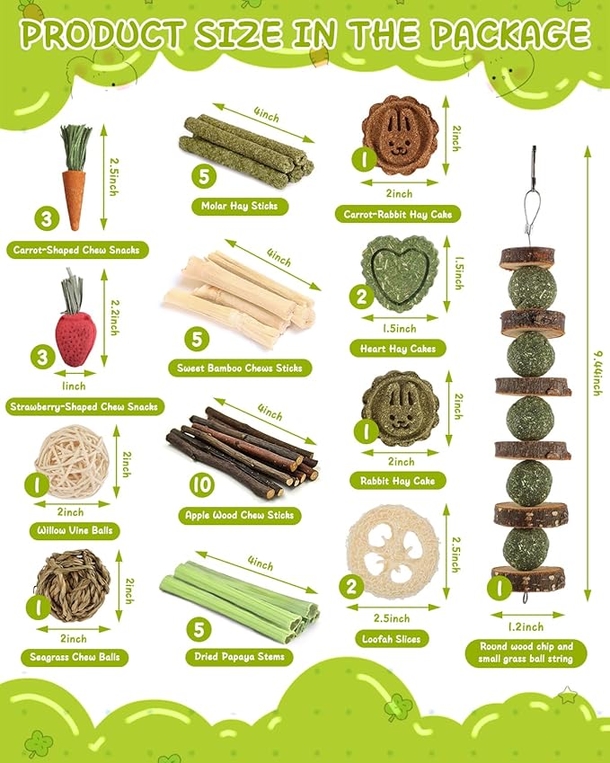 40 PCS Rabbit Chew Toys for Teeth, Natural Bunny Chew Toys Carrot, Strawberry, Timothy Grass Cake, Sweet Bamboo, Apple Sticks for Hamsters, Guinea Pigs and Chinchilla for Dental Care & Relieve Boredom