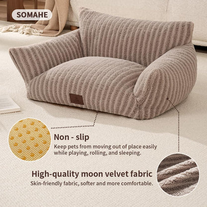 Cozy Couch for Cats Fluffy Pet Sofa with Premium Soft Fleece Fuzzy Cat Beds for Indoor Cat with Removable Washable Cover Supportive Pet Bed 24×18inch Coffee