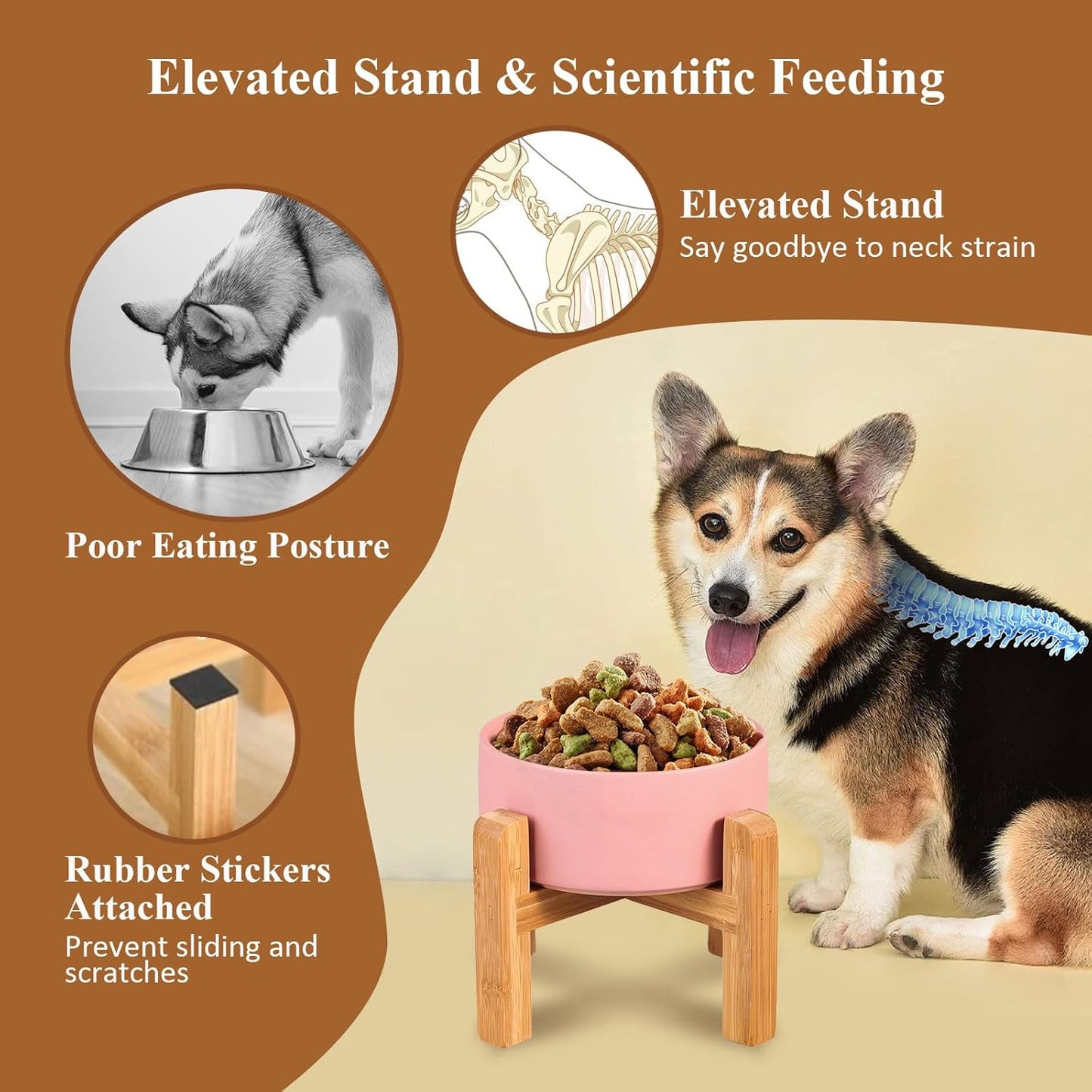 LIONWEI LIONWELI Ceramic Raised Dog Bowls, Medium - Set of 2 - Non Slip Wood Stand - Anti Vomiting - 850 ml - White