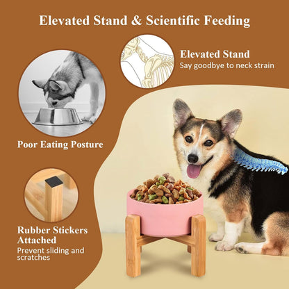Yellow Ceramic Elevated Raised Cat Bowl with Wood Stand No Spill Pet Food Water Feeder Cats Small Dogs