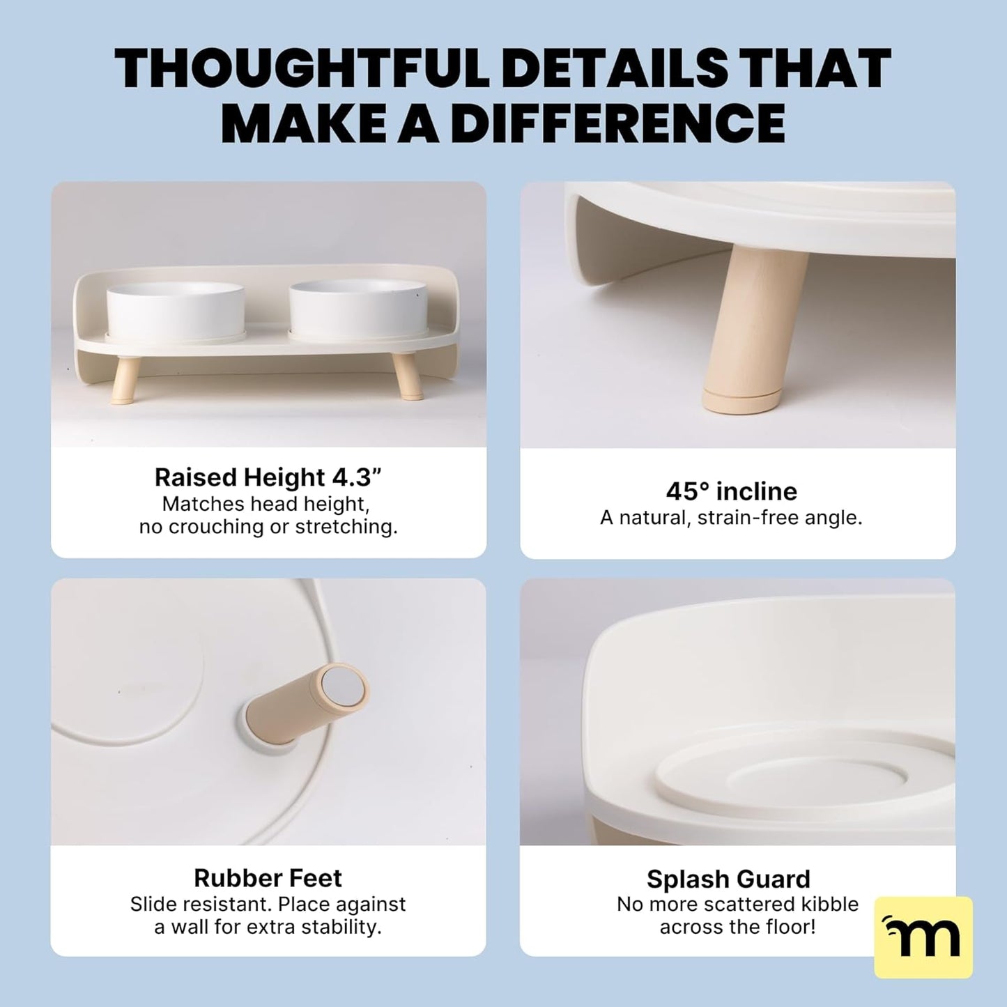 MalsiPree Dog Bowls Elevated & Pet Bowls - Small, Sand Beige - 45° Tilt Stand with Splash Guard - Dog Feeding Station with Ceramic Dishes for Food & Water