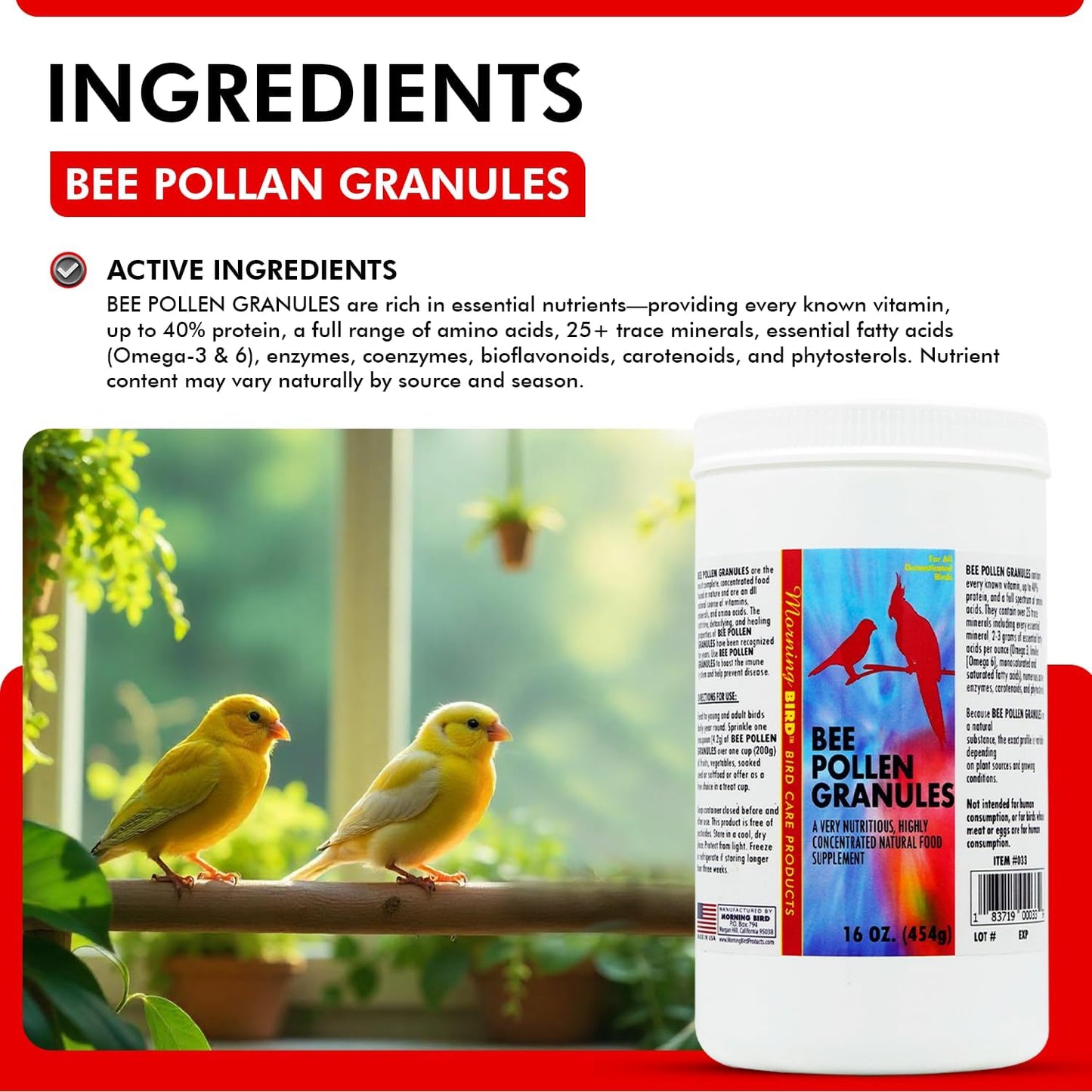 Morning Bird Bee Pollen Granules 16 Oz – Naturally Immune Support & Protein Powder for Birds – Boosts Strength, Feather Health & Energy Supplements – Easy to Mix with Food for All Bird Types