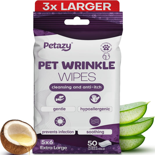 Wrinkle Wipes for Dogs 50 Count 5x6 | 3X Larger Dog Face Wipes for French Bulldog and Pug - Cleans Skin Folds, Tear Stains, Tail Pockets | Anti-Itch, Soothing & Hypoallergenic with Coconut Oil