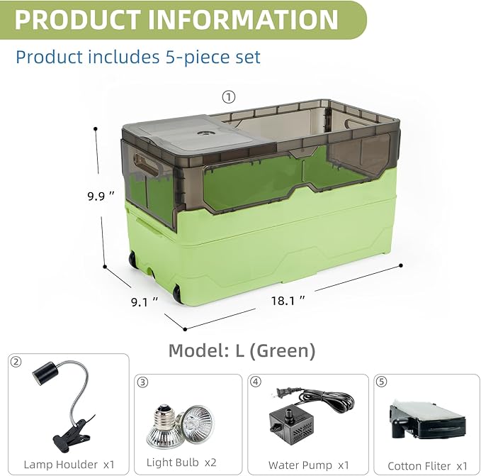 Turtle Tank kit with Filter+Water Pump+Heat lamp, Wheels, Easy to Move, Imitate The Natural Flows, Suitable for Small Turtle Horned Frog Hermit (L, Green)