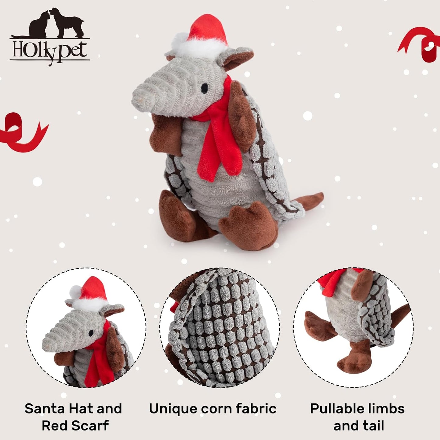 Hollypet Plush Dog Squeaky Toy Stuffed Armadillo Animal Pet Puppy Chew Toys with Clean Teeth for Small Medium Large All Breed Sizes Dogs, Christmas Gray, 8 in