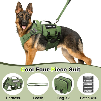 WINSEE Tactical Dog Harness with Dog Leash, Service Working MOLLE Vest with 10 Pet Patches for Dog, No Pull Military Harness and Backpack for Training Hunting Walking