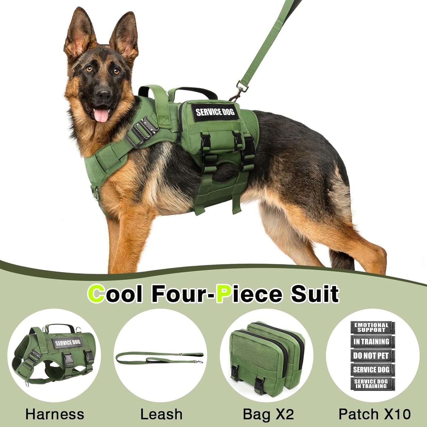 WINSEE Tactical Dog Harness with Dog Leash, Service Working MOLLE Vest with 10 Pet Patches for Dog, No Pull Military Harness and Backpack for Training Hunting Walking
