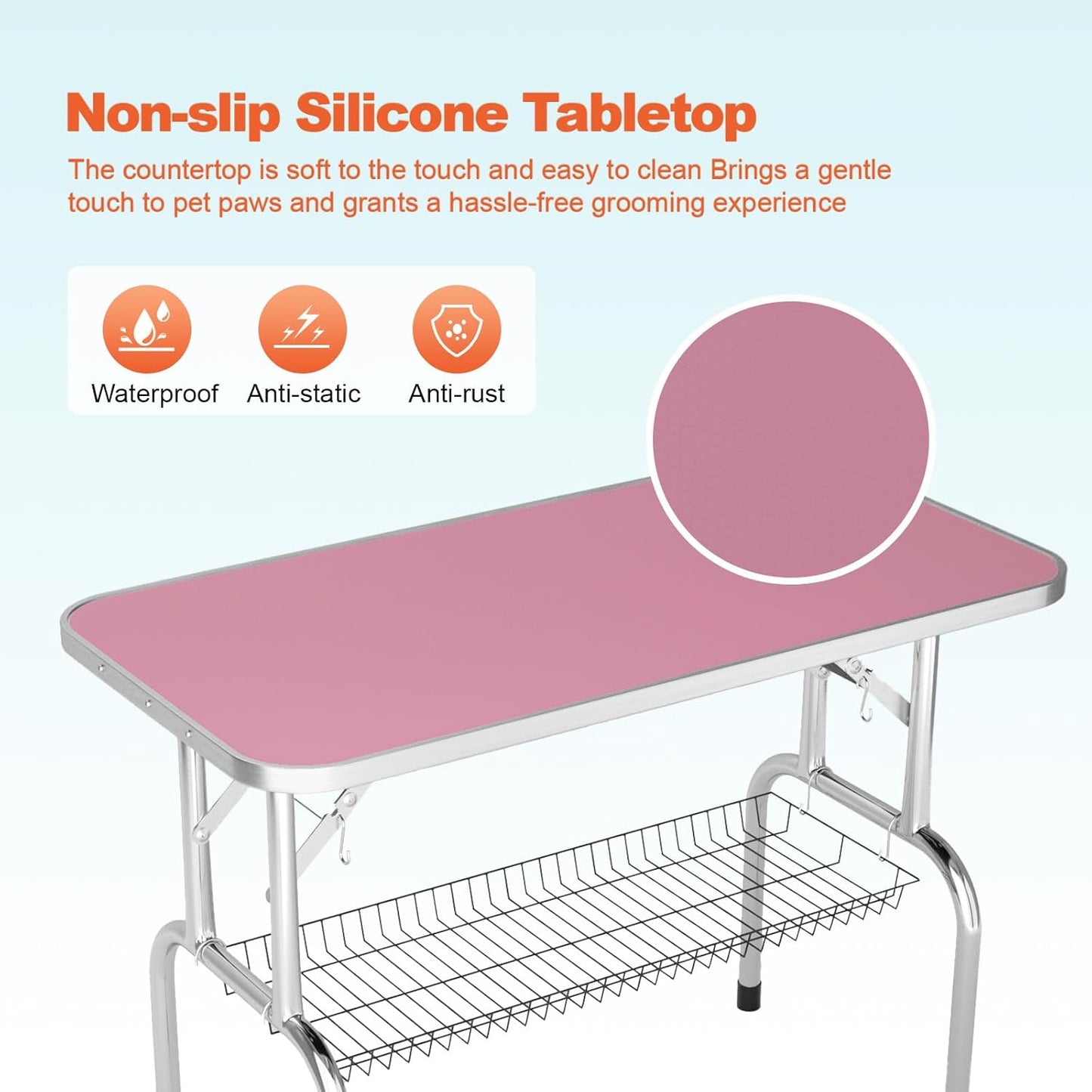 46'' Dog Grooming Table for Large Dogs, Foldable Professional Grooming Table for Dogs at Home with Double Loops/Mesh Tray/Adjustable Arm, Capacity up to 330lbs, Pink