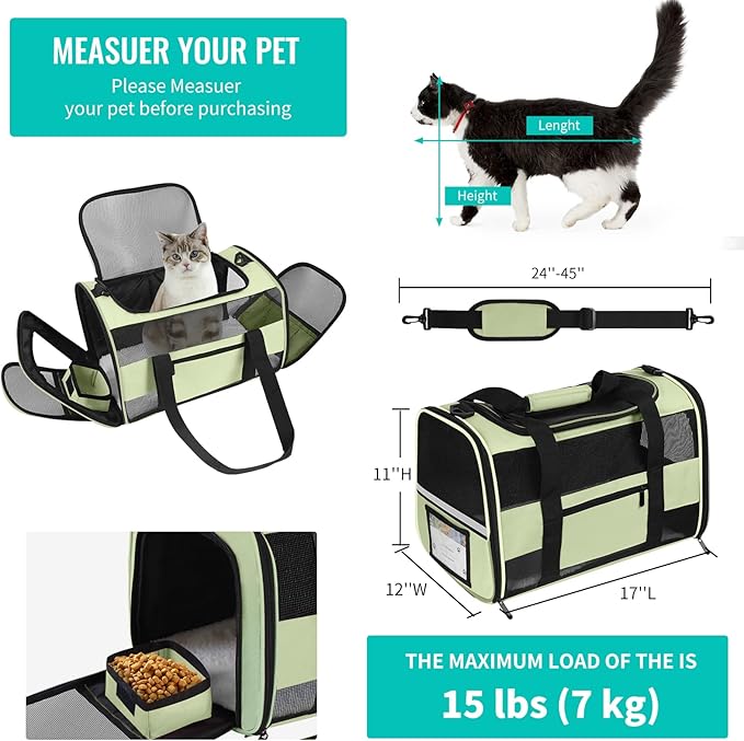 Cat Carrier Pet Dog Carriers TSA Airline Approved for Cats Dogs Under 15 lbs, Collapsible Soft Sided Cat Carrier Dog Travel Carriers for Puppy Kitten, Green