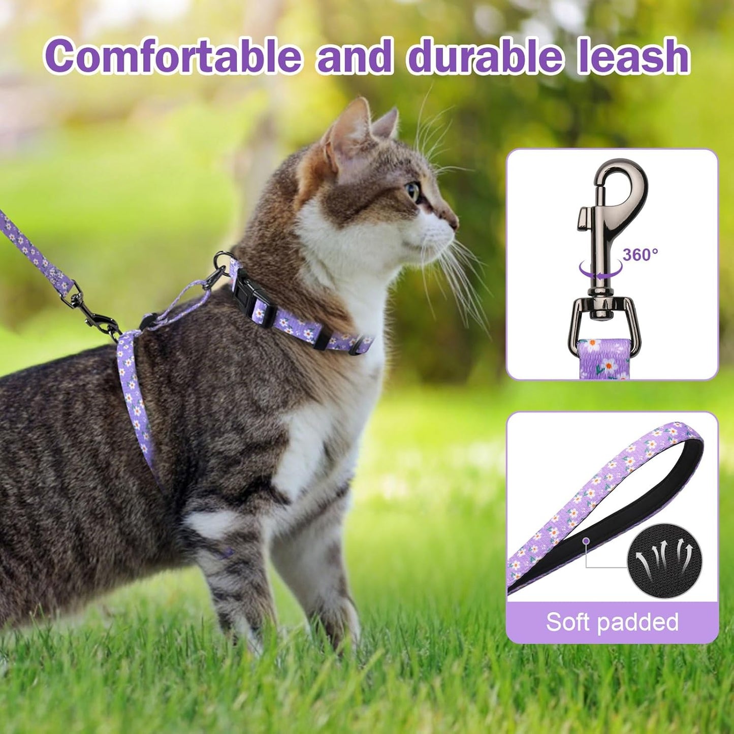 Hikiko Cat Harness and Leash Set Escape Proof Adjustable Walking Travel Cute Girl Kitten Harness for Small Medium Large Cats (Purple Floral, S)