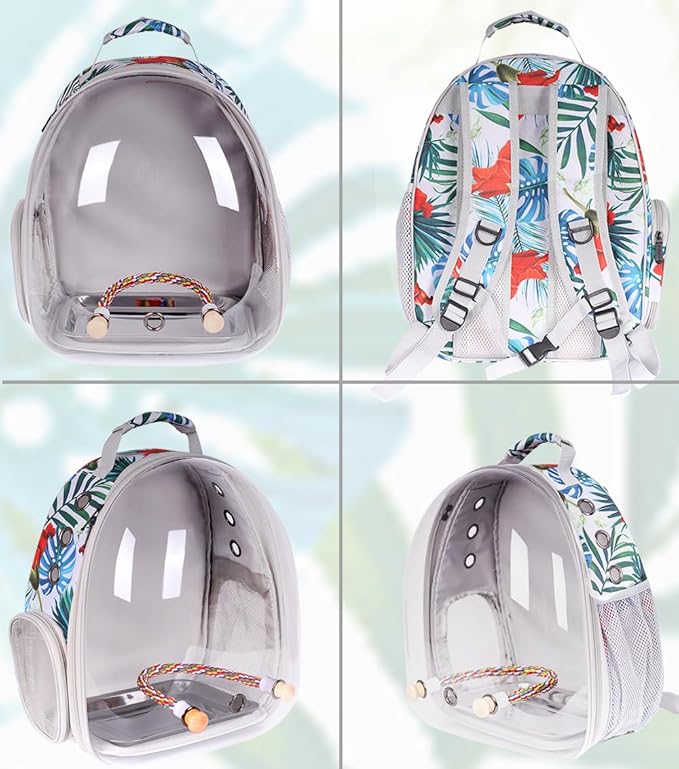 Bird Traval Carrier Cage, Clear Space Capsule Astronaut Backpack to Carry Parakeet Cockatiel Parrot with Metal Tray Wood Perch, Vet Transport Book Bag Floral Printed