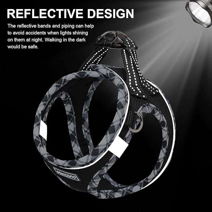 Mercano Soft Mesh Dog Harness and Leash Set, No-Chock Step-in Reflective Breathable Lightweight Easy Walk Vest Harnesses with Safety Buckle for Small Dogs, Cats (Black White, L)