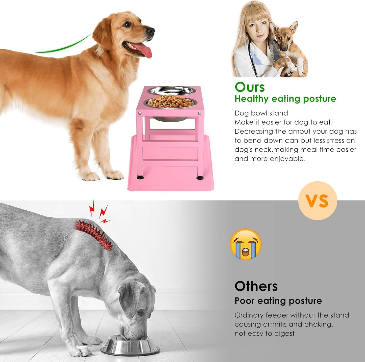 Pink Metal Raised Dog Bowl Stand for Large Dogs, Stronger Elevated Dogs Bowls with Sprill Proof Mat, Food & Water Bowl 10in Tall Feeder (42OZ-Stainless Steel Dog Bowls, Mat-12x19 in)