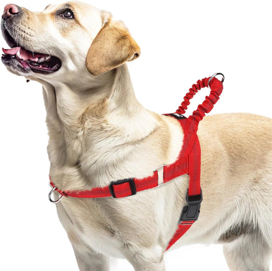 PUPTECK No Pull Dog Harness for Large Dogs, Adjustable Reflective Pet Vest Harness with Bungee Handle, Escape Proof No Choke Harness for Large Dogs Walking Training, Red L