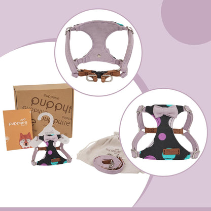 Puppytie No Pull Dog Harness with Multifunction Dog Leash,Soft Adjustable No Choke Escape Proof Pet Harness Vest for Medium Dogs,Polka dots Taro Purple,M