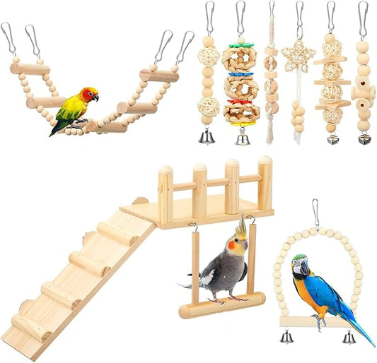 Bird Swing for cage Parakeet Parrot Swing Wood Hemp Rope Ladder Toy Play Gym Hanging Swing Parrot Perch Hammock Toy for Budgerigar Conure Cockatiel mynah Finches Small Medium Breeds 10pcs