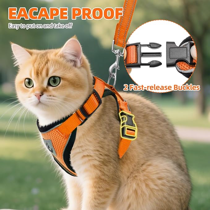 PUPTECK Cat Harness and Leash Set Escape Proof Reflective Cat Walking Harness Adjustable Soft Breathable Mesh Vest for Small Pets, Orange, M