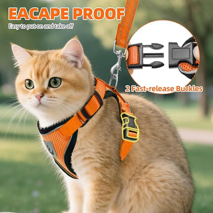 PUPTECK Cat Harness and Leash Set Escape Proof Reflective Cat Walking Harness Adjustable Soft Breathable Mesh Vest for Small Pets, Orange, M