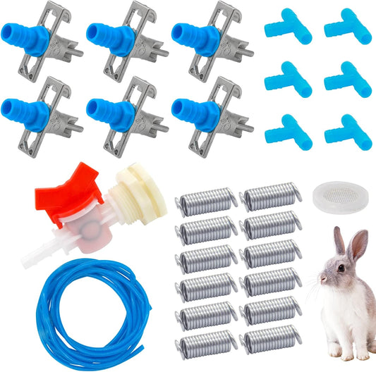 Automatic Rabbit Watering Kit Include 6 Nipple Drinker Feeders, ID 5/16" Hose, Barb Fittings to G1/2" Thread Connector, Watering System Bucket Connector