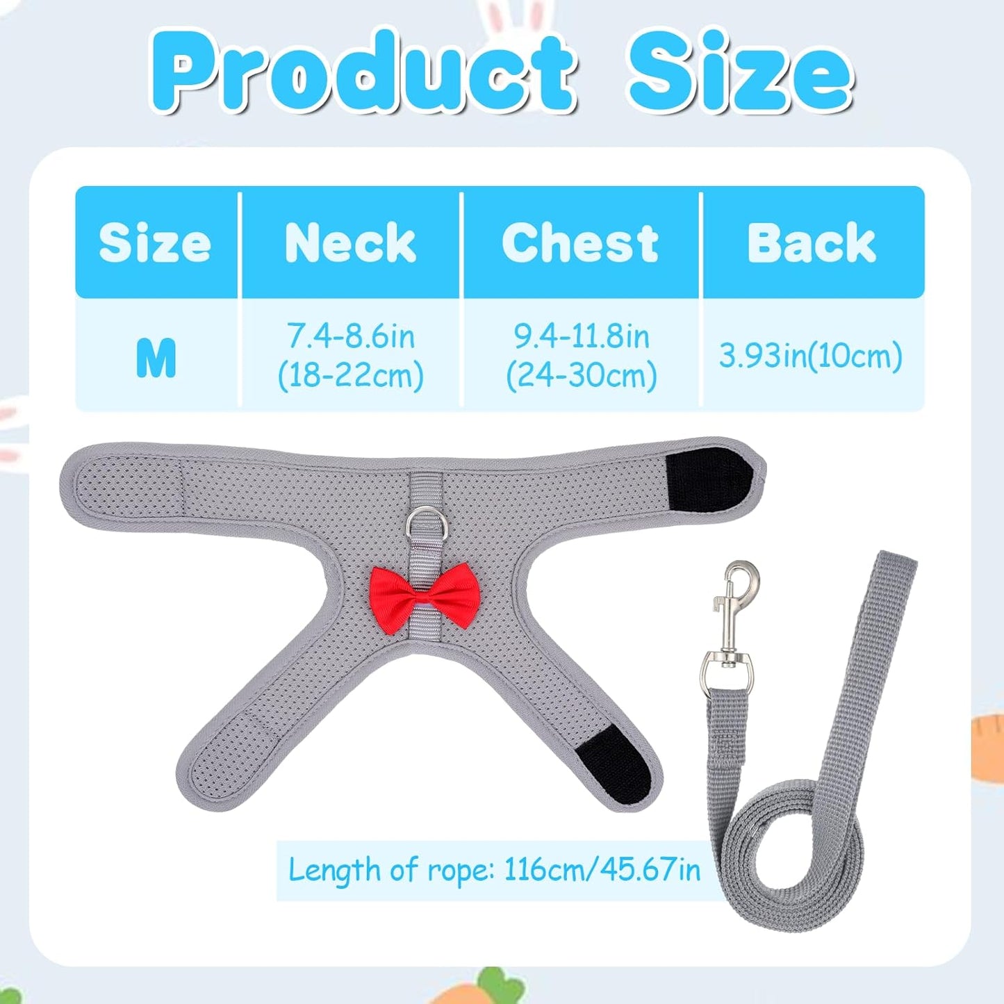 Rabbit Harness and Leash Set with a Cute Bow, Soft Mesh Vest-Style Carrier, Adjustable Rabbit Vest, Suitable for Rabbits, Kittens, Ferrets, Miniature Pigs, and Puppies, Gray Size M