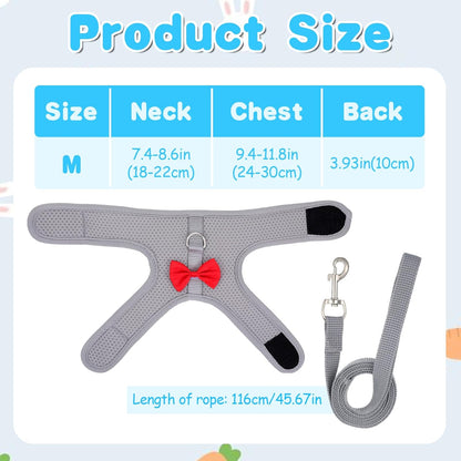 Rabbit Harness and Leash Set with a Cute Bow, Soft Mesh Vest-Style Carrier, Adjustable Rabbit Vest, Suitable for Rabbits, Kittens, Ferrets, Miniature Pigs, and Puppies, Gray Size M