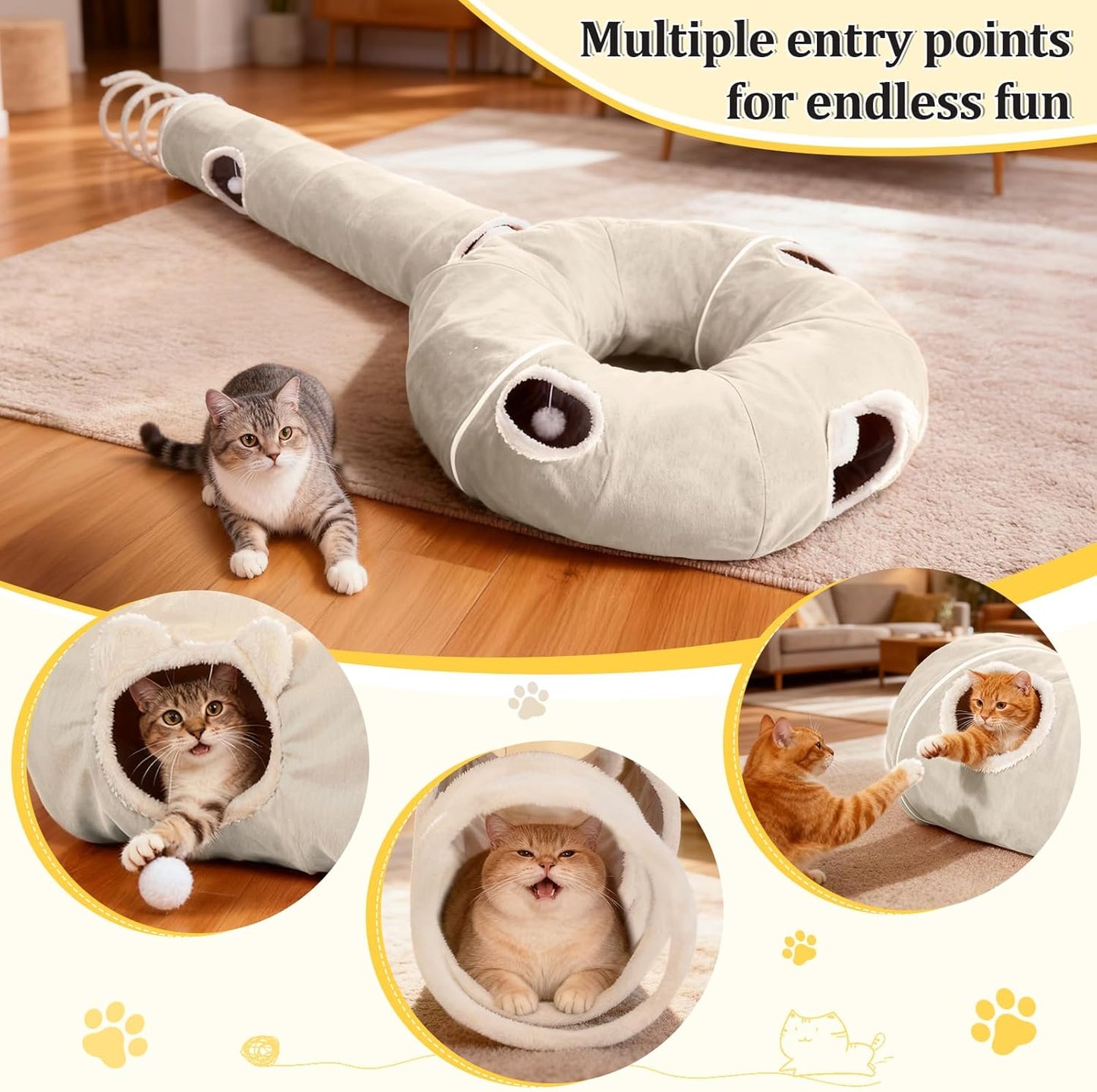 Ownpets 2-in-1 Cat Tunnel Bed, Lollipop Shape Large Cat Tunnel Toy, Plush Foldable Cat Cave Hideout Donut Tunnel for Kitten Rabbit Ferret, Beige