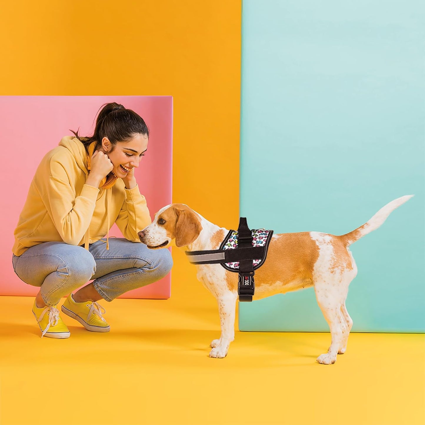 Dogline Dog Harness, Reflective No-Pull Adjustable Vest with Handle for Walking, Training, Breathable, No - Choke Harness for Small, Medium or Large Dogs Room for Patches Leopard Rainbow S 18"-24"