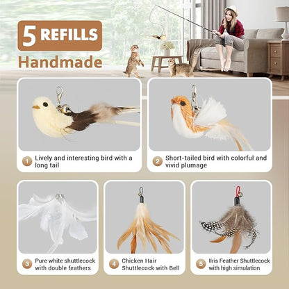 ROSAUI Cat Teaser Wand Toys, Interactive Bird Toys for Indoor Kittens, 42.15’’ Long Cat Fishing Pole Toys, 2Pcs Wires and 5Pcs Natural Refills, Sustainable Wooden Handles, Exercising, Playing