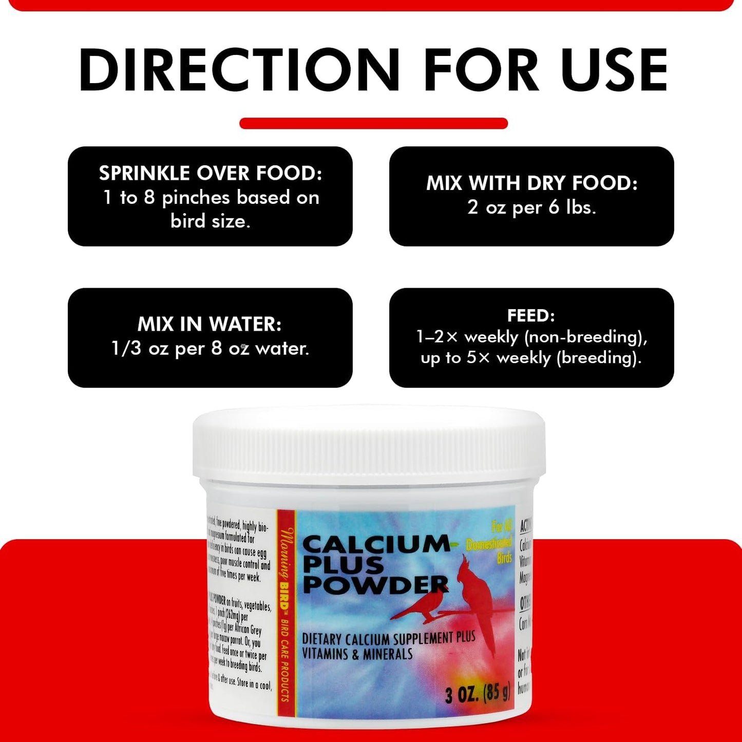 Morning Bird Calcium Plus Powder for Birds 3 oz – Calcium Supplement with Vitamin & Protein Powder – Supports Bone Health, Muscle Function & Digestive Balance – Easy-to-Mix Calcium Formula