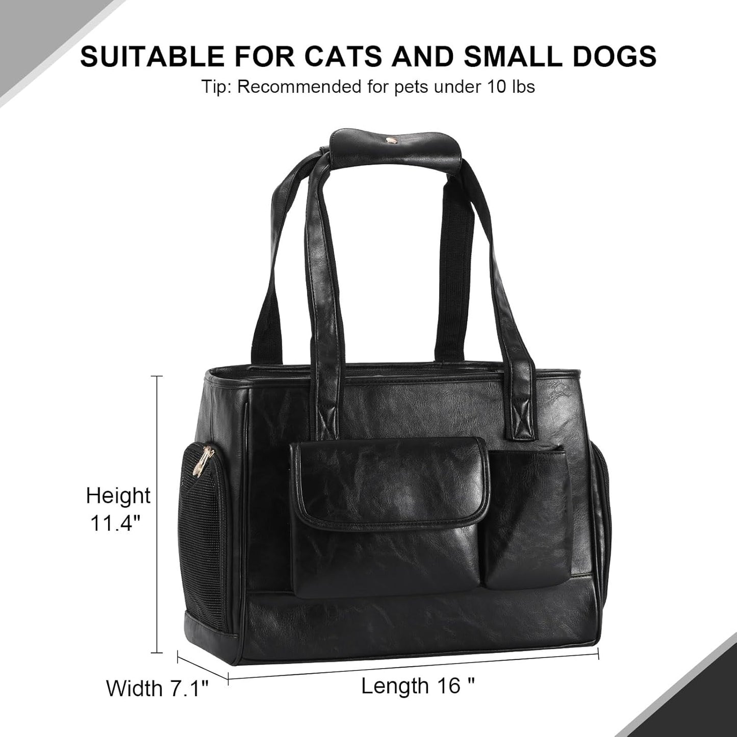 Dog Carrier Purse, Fashion Leather Pet Carrier Bag, Airline Approved Soft Sided Cat Travel Tote Bag with Pockets Black