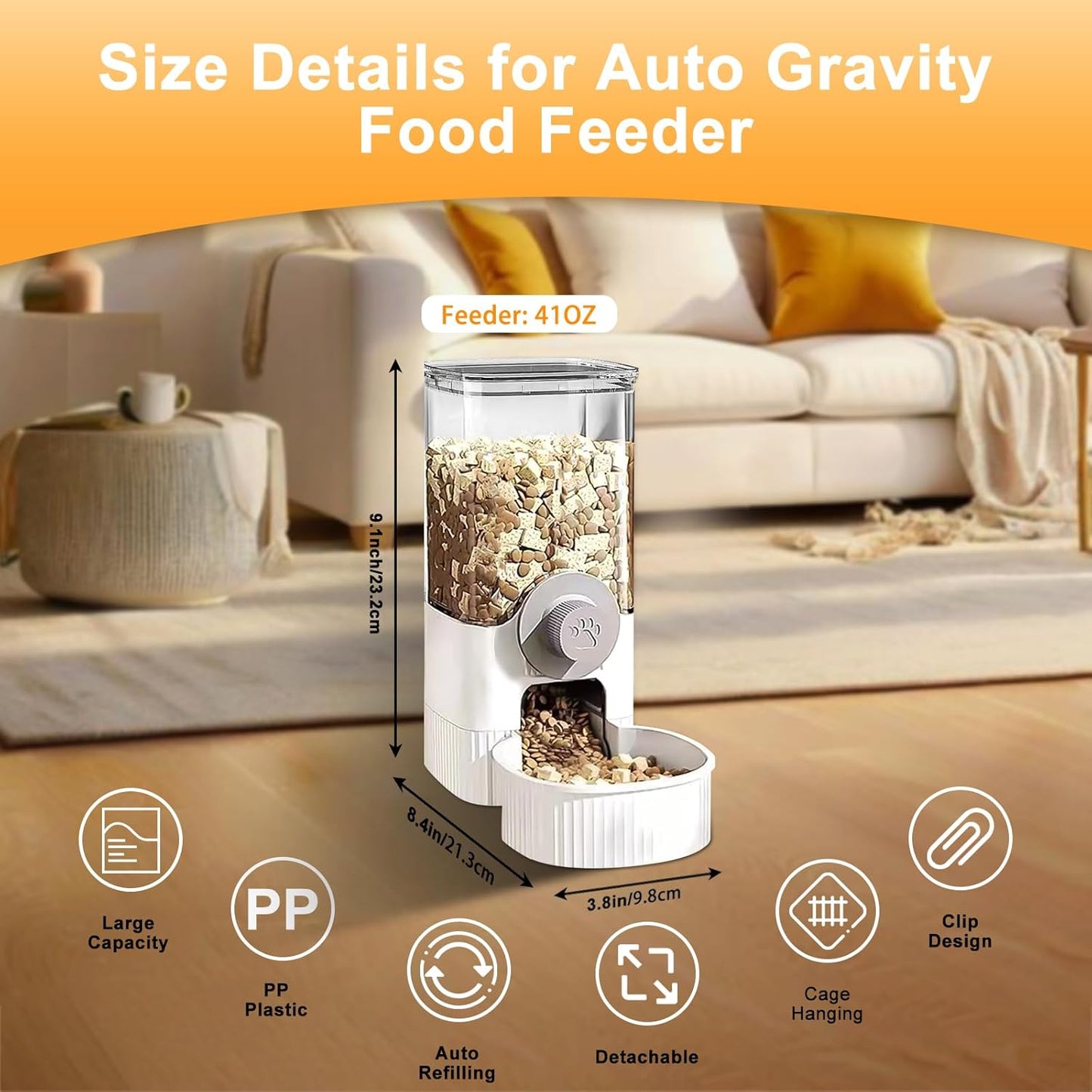 Auto Gravity Food Dispenser for Cage Hanging, 41OZ Capacity Hanging Automatic Pet Cage Feeder, Food Bowl for Cats Dogs Rabbit Ferret Chinchilla Bird Hedgehog Guinea Pig (White)