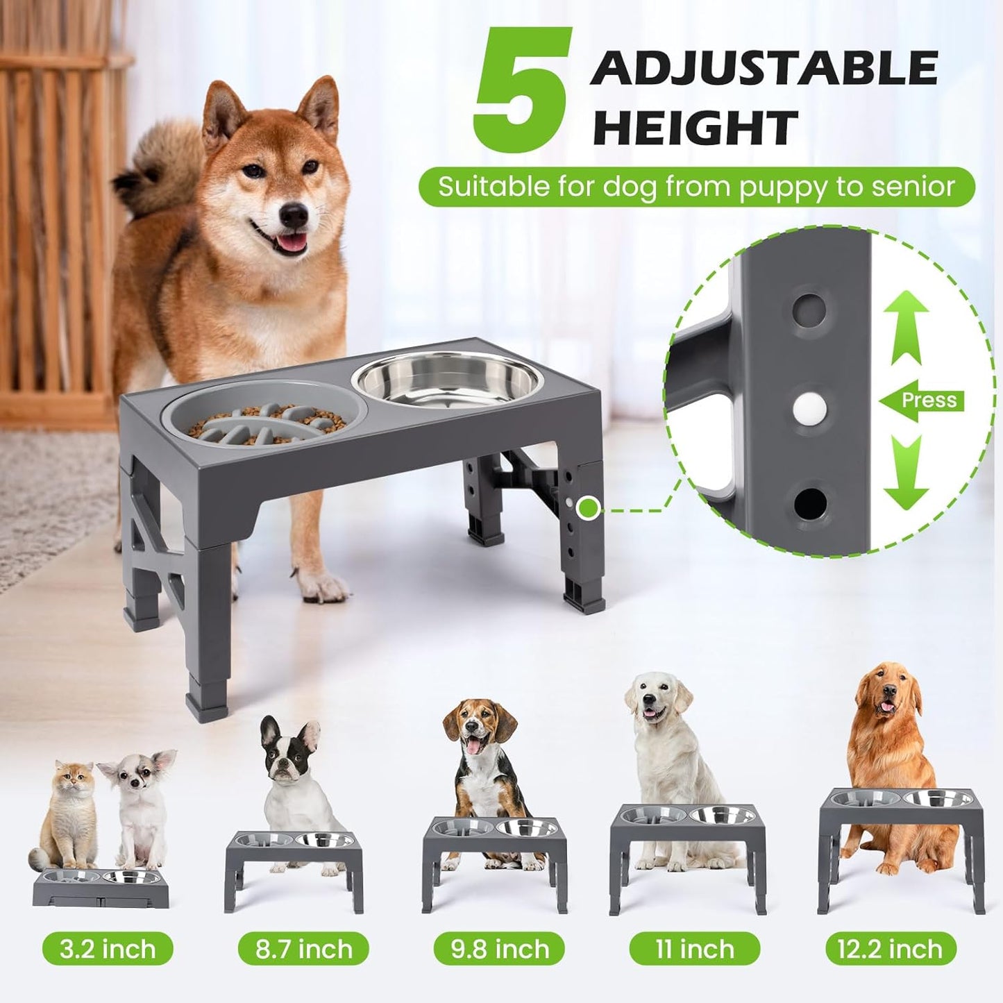 Heeyoo Elevated Dog Bowls - 5 Adjustable Heights Stand, 2 Stainless Steel Bowls & 1 Slow Feeder, Adjusts 3.2" to 12.2" for Small to Large Dogs