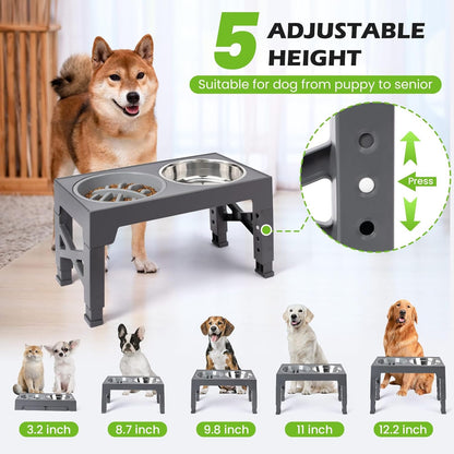 Heeyoo Elevated Dog Bowls - 5 Adjustable Heights Stand, 2 Stainless Steel Bowls & 1 Slow Feeder, Adjusts 3.2" to 12.2" for Small to Large Dogs