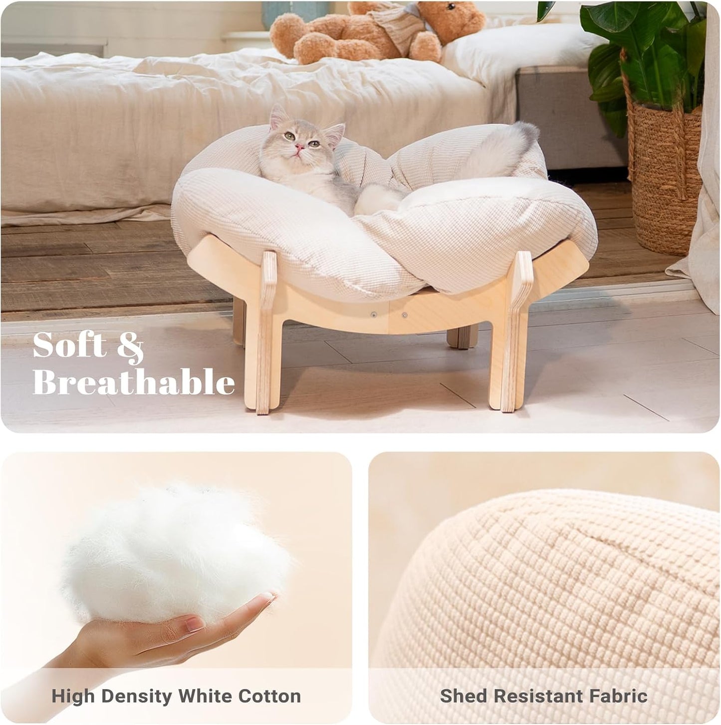CHEERHOME PETS Elevated Cat Bed Wooden with Cushion Fluffy Pet Couch Sofa for Indoor Cats Raised Kitty Lounge Chair Suitable for Puppy, Cat Furniture(White)