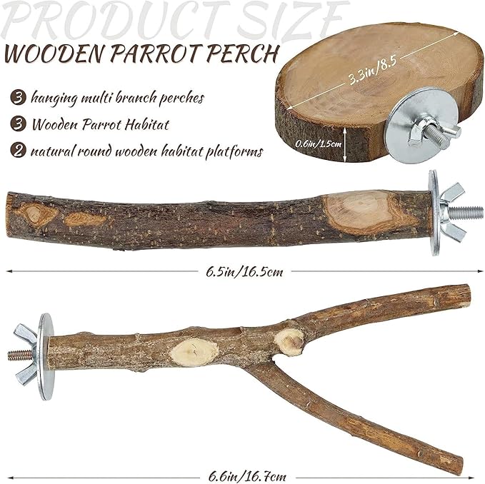 8-Piece Set Natural Wood Bird Perches - Wooden Parrot Stand with Fork Toys, Hanging Multi-Branch Platform, Hammock Swing - Suitable for Parakeets, Budgies - Durable Pet Bird Accessories