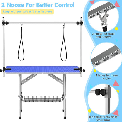Lyromix 42''Large Dog Grooming Table, Adjustable Cat Drying Desktop with Arms, Nooses, Mesh Tray, Foldable Pet Station at Home, Maximum Capacity Up to 330Lb, 42inch, Blue