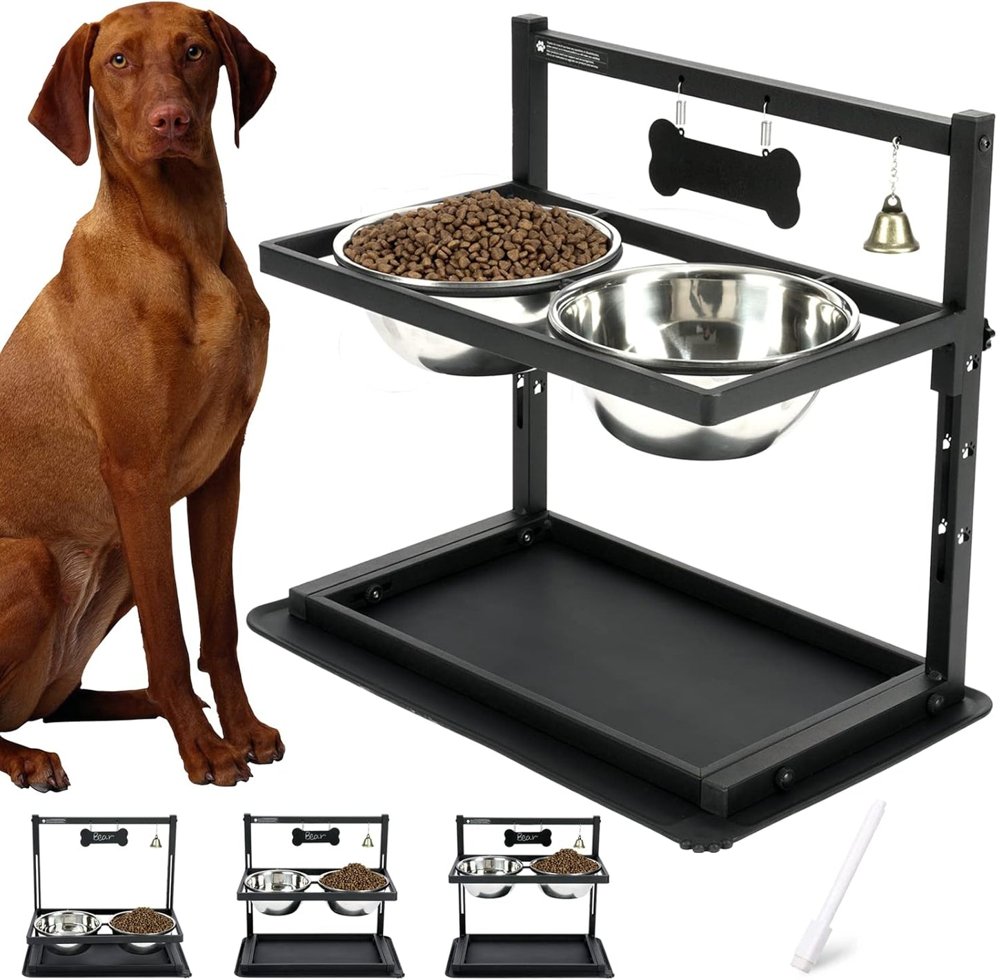 Elevated Dog Bowls, Raised Stand for Large and Medium Dogs, Adjustable Height With Two 58oz Stainless Steel Food Bowls and Spill Proof Mat