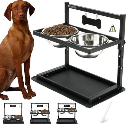 Elevated Dog Bowls, Raised Stand for Large and Medium Dogs, Adjustable Height With Two 58oz Stainless Steel Food Bowls and Spill Proof Mat