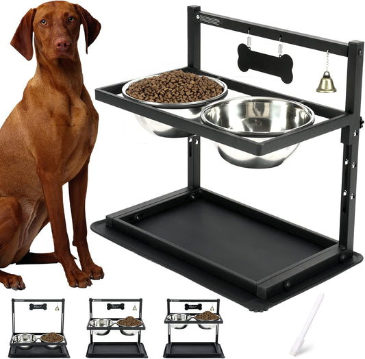 Elevated Dog Bowls, Raised Stand for Large and Medium Dogs, Adjustable Height With Two 58oz Stainless Steel Food Bowls and Spill Proof Mat