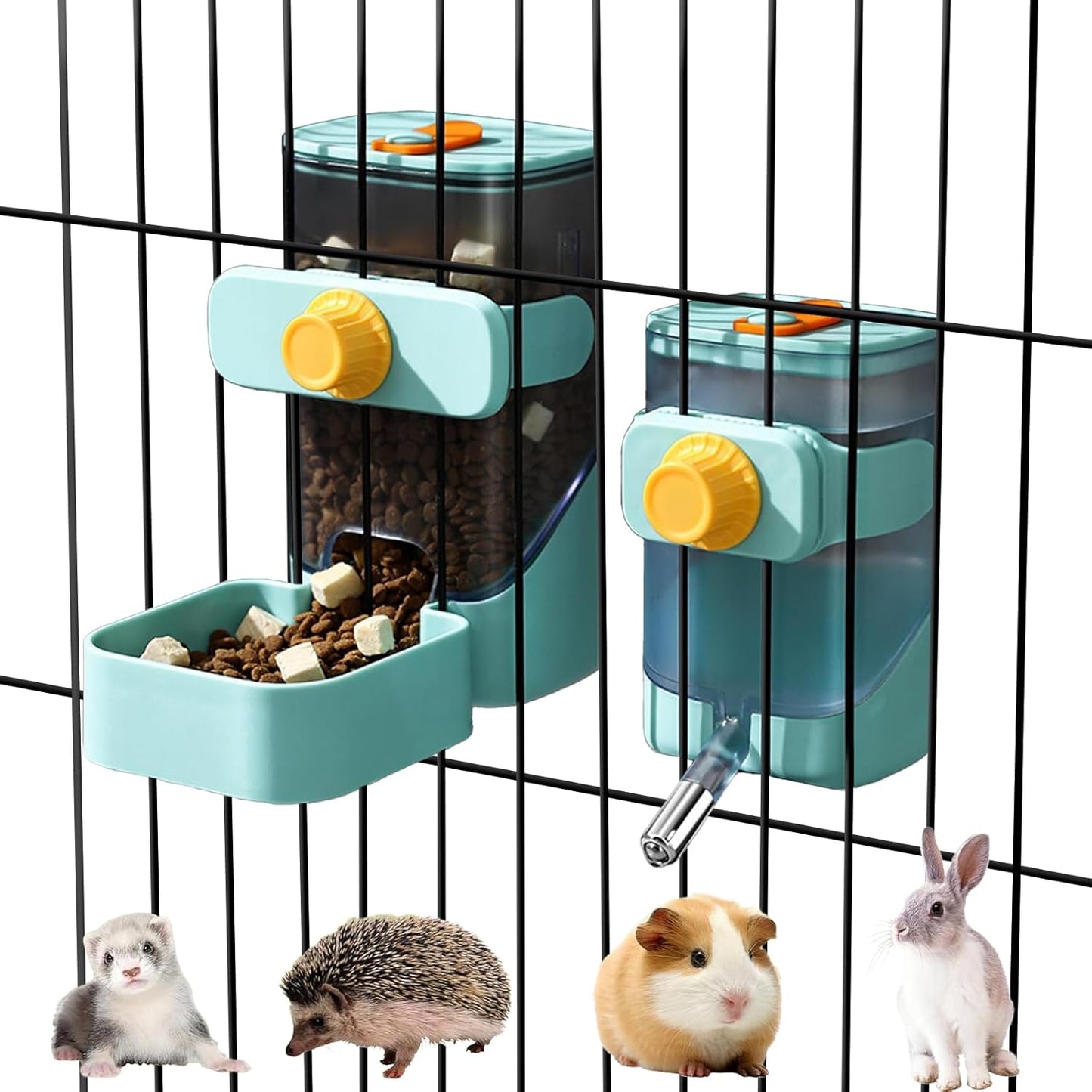 Rabbit Automatic Food Feeder and Water Dispenser Bunny Gravity Feeding Station Waterer Set Hanging Self-Dispensing Feeder for Ferret,Guinea Pigs Chinchillas Hedgehog (Green)