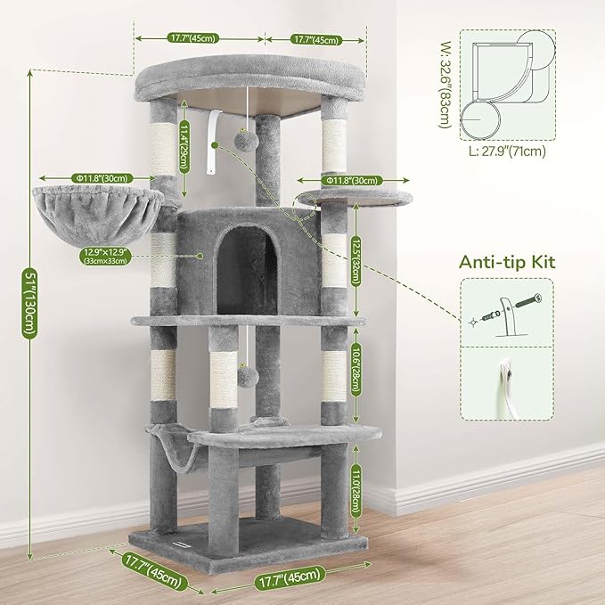 Globlazer Corner Cat Tree Tower for Indoor Cats, 51in Multi-Level Cat Condo Tower with Large Hammock, 7 Sisal Scratching Posts, Oversized Top Perch, Spacious Cat Cave, Hanging Basket, C51, Light Gray